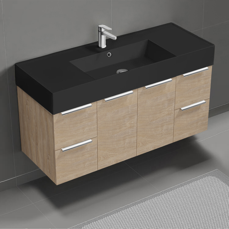 Nameeks DERIN1020 48 Inch Bathroom Vanity With Black Sink, Floating, Brown Oak